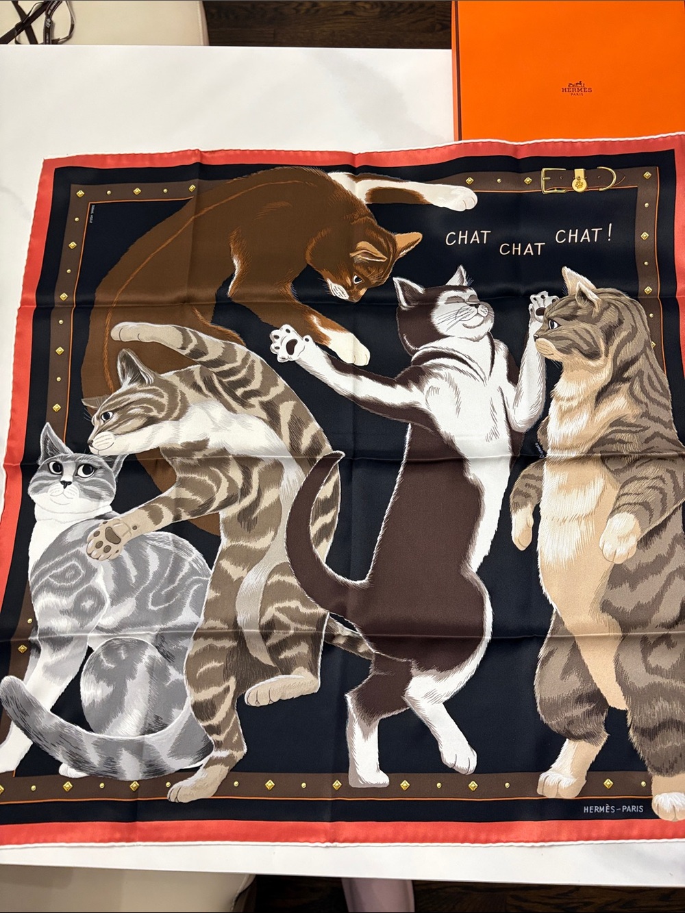 Hermes Cat Dance Silk Scarf - Black, Brown & Coral scarf 70